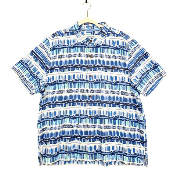 TOMMY BAHAMA Blue White Geo Surf Silk Hawaiian Short Sleeve Camp Shirt SIZE XXL - Picture 3 of 14